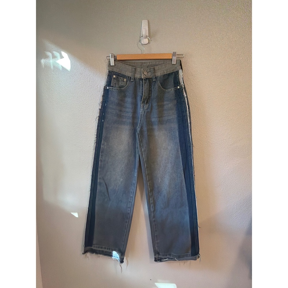Wildfire Houston‎ Denim Jeans Women Sm Blue Grey Two Tone Raw Hem Straight Leg